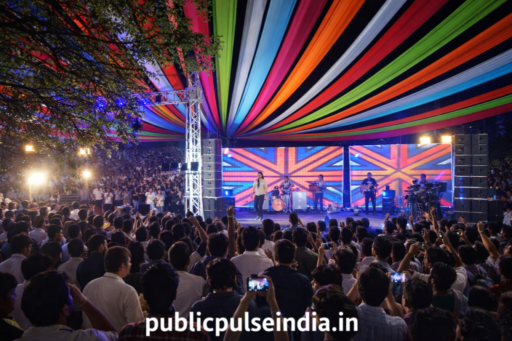 Crowd enjoying live music performance at HITS College Silver Jubilee celebration under colorful tent with stage lights and band performing, watermark publicpulseindia.in visible.at Hyderabad 