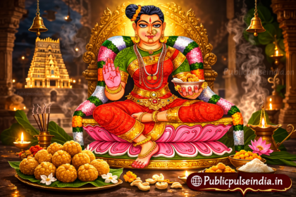 Sri Vakula Matha seated on lotus holding prasadam bowl blessing devotees traditional devotional illustration