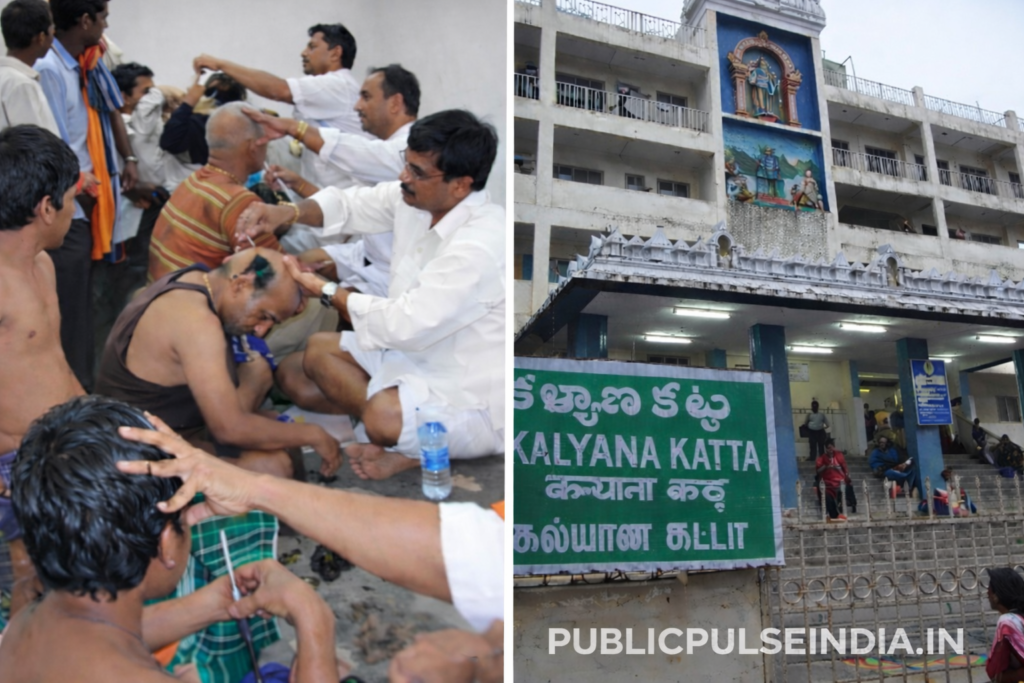 Devotees performing tonsuring (talaneelalu) at Kalyana Katta in Tirumala. Devotees offering hair (talaneelalu) at Tirumala Kalyana Katta as part of religious ritual. Publicpulseindia