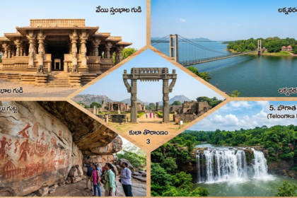 Telangana Tourism Collage showcasing Warangal Fort, Thousand Pillar Temple, Laknavaram Lake, Pandavula Gutta, and Bogatha Waterfalls with Telugu labels.