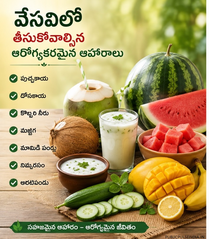 Healthy summer foods Telugu banner with watermelon, coconut water, buttermilk, mangoes, and cucumber_ publicpulseindia