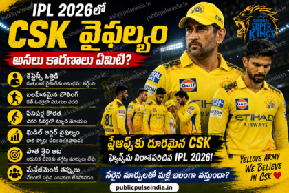 CSK IPL 2026 failure analysis poster featuring MS Dhoni, Ruturaj Gaikwad, disappointed Chennai Super Kings players, and reasons behind CSK playoff exit with PublicPulseIndia.in watermark.