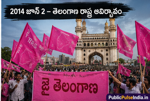 దశాబ్దాల పోరాటం తర్వాత 2014 జూన్ 2న తెలంగాణ రాష్ట్రం ఆవిర్భవించింది. 2014 జూన్ 2 – తెలంగాణ ఆవిర్భావం_PUBLICPULSEINDIA