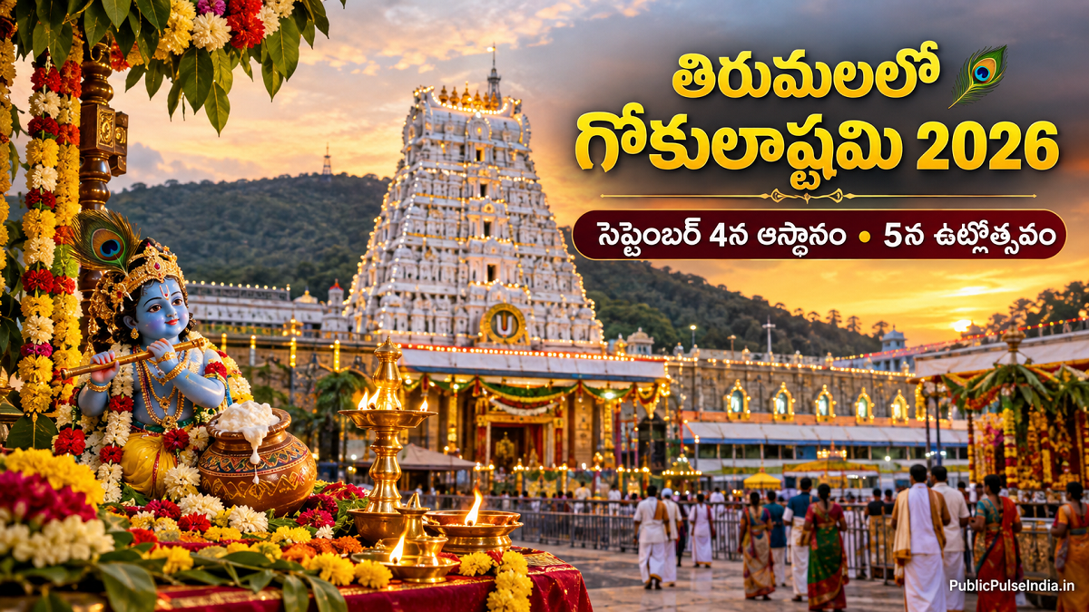 గోకులాష్టమి వేడుకల సందర్భంగా అలంకరించిన తిరుమల శ్రీ వేంకటేశ్వర స్వామి ఆలయం, కృష్ణుడి విగ్రహం, దీపాలు మరియు భక్తులతో కూడిన దృశ్యం.publicpulseindia