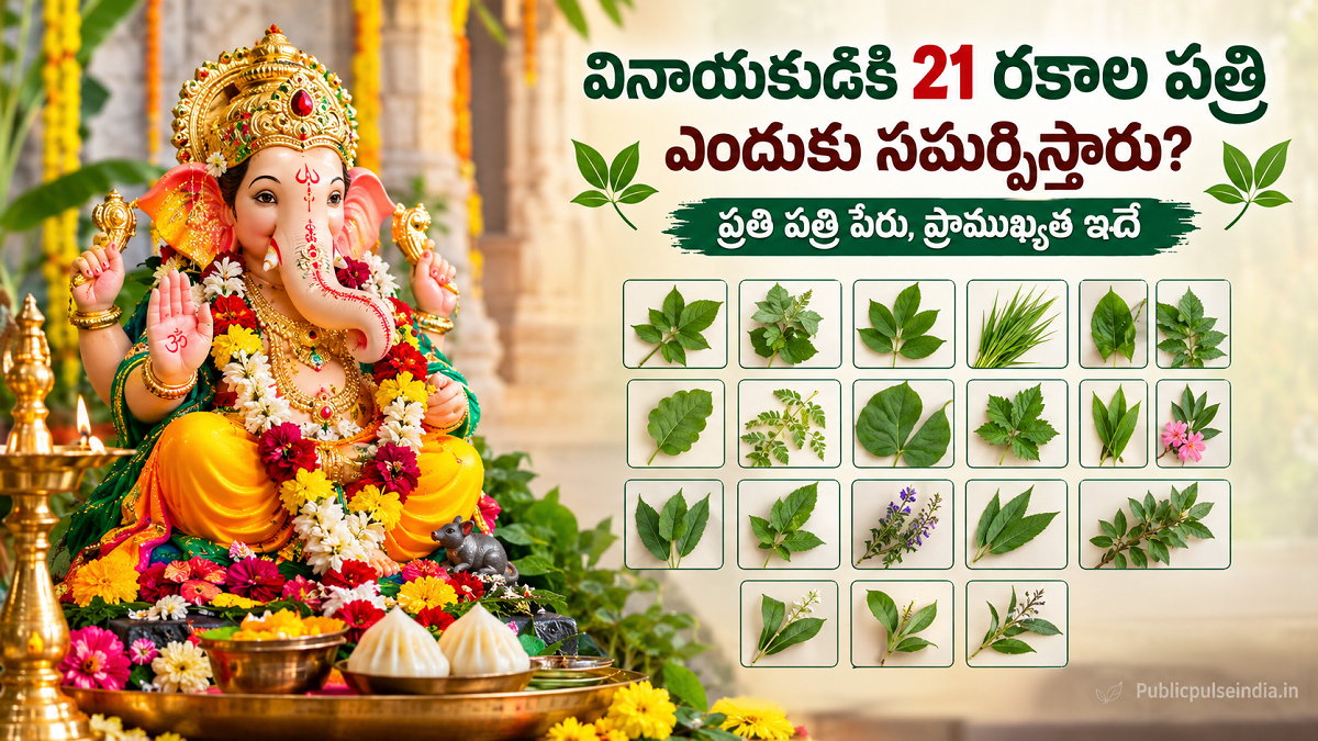 వినాయక చవితి 2026లో గణపతి పూజకు సమర్పించే 21 రకాల పత్రులు. publicpulseindia.in